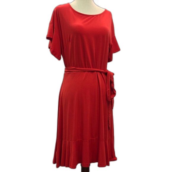 LOFT Flowy Red Midi Dress w/ Tie Belt | Size 8 - Picture 1 of 7